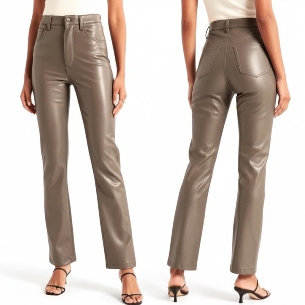 Abercrombie & Fitch 90s Straight Ultra High Rise Faux Leather Pants Taupe 33 16s
